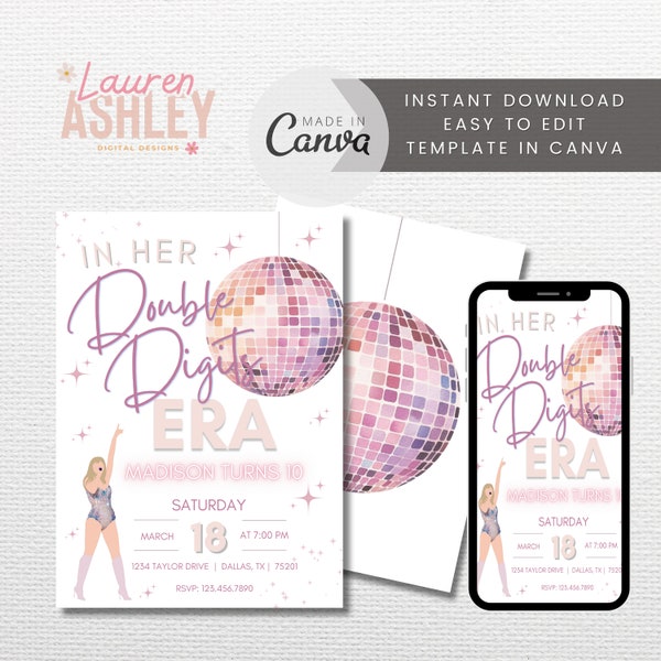 Editable In Her Double Digits Era Invitation, Eras Invitation, Taylor Invitation, Girls Birthday Invite, Canva Template, Taylor Eras Invite