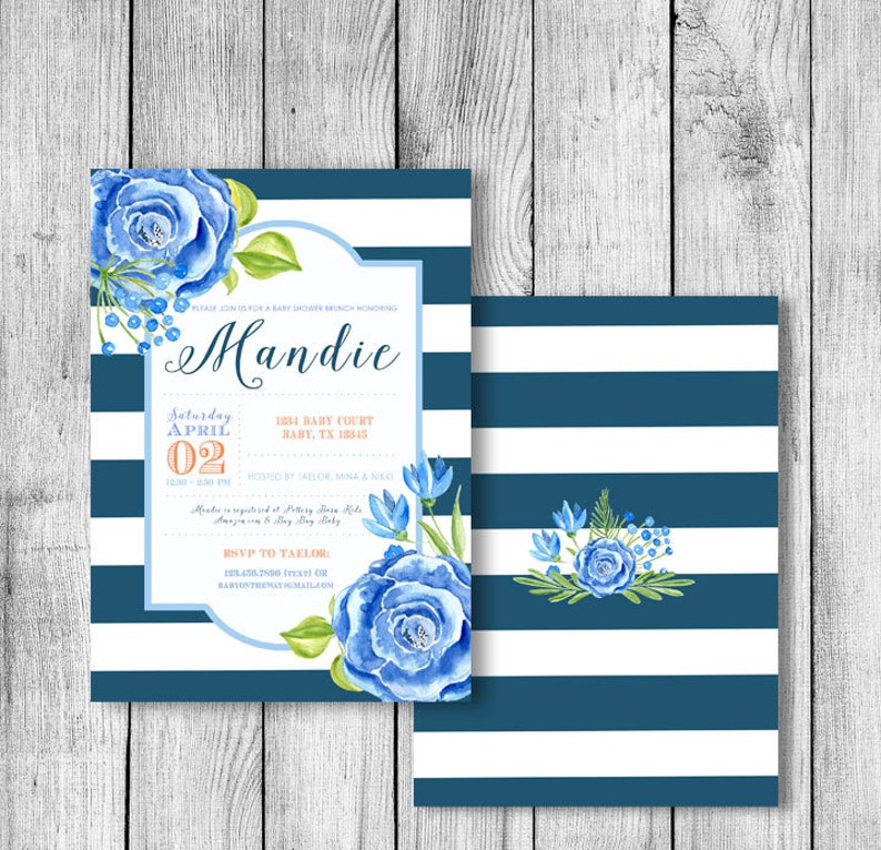 Blue Floral Baby Shower Invitation 5x7 Etsy