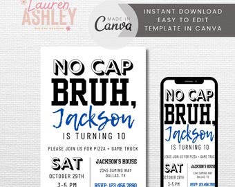 No Cap Bruh Birthday Invitation, Teen Boy Party (Digital Download)