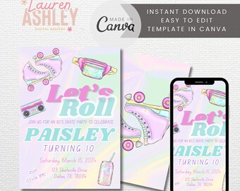 Editable 80's Skate Party Invitation, Roller Skate Invitation, Skate Party Invite, 80's Invitation
