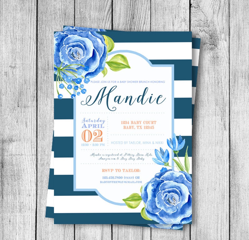 Blue Floral Baby Shower Invitation 5x7 Etsy