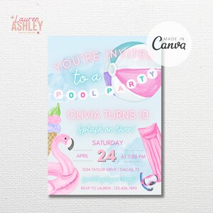May include: A blue and pink pool party invitation with a watercolor background. The invitation says "You're invited to a pool party" with a beach ball and a flamingo float. The text also says "Olivia turns 10, Splash on Over!" with the date and time of the party. The invitation says "Don't forget your towel!" and includes an RSVP number.