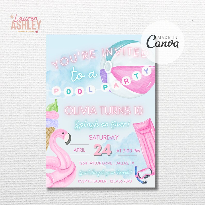 May include: A blue and pink pool party invitation with a watercolor background. The invitation says "You're invited to a pool party" with a beach ball and a flamingo float. The text also says "Olivia turns 10, Splash on Over!" with the date and time of the party. The invitation says "Don't forget your towel!" and includes an RSVP number.