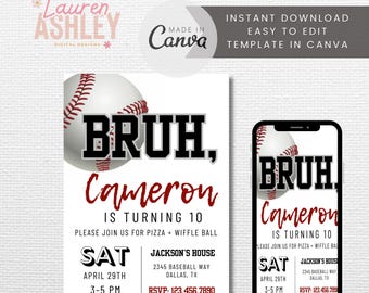 EDITABLE Bruh Baseball Birthday Invitation, Bruh It's My Birthday Invite, Teenager Birthday, Baseball Invite, Teen Boy Party Invitation