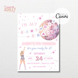 May include: A pink and purple birthday invitation with a disco ball and a girl in a pink and white outfit. The text reads "In My Birthday Era" and "Avery's 9th Version". The invitation includes the date, time, and location of the party.