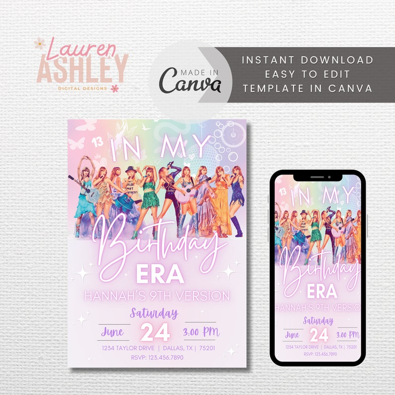 May include: A pink and purple birthday invitation with a photo of a group of people on stage. The invitation says "In My Birthday Era" and "Hannah's 9th Version". The invitation also includes the date, time, and location of the party.