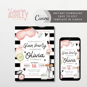 Bearbeitbare Glam Party-Einladung, Spa-Party einladen, Hautpflege-Party einladen, Girly Glam Party