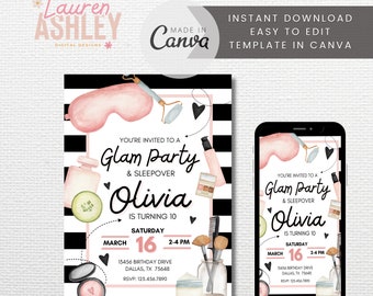 Invito per una festa glamour modificabile, Invito per una festa in spa, Invito per una festa per la cura della pelle, Festa glamour per ragazze