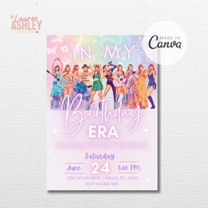 May include: A pink and purple birthday invitation with a rainbow background. The invitation features a photo of a group of people in colorful outfits. The text on the invitation reads "In My Birthday Era Hannah's 9th Version" and includes the date and time of the event.