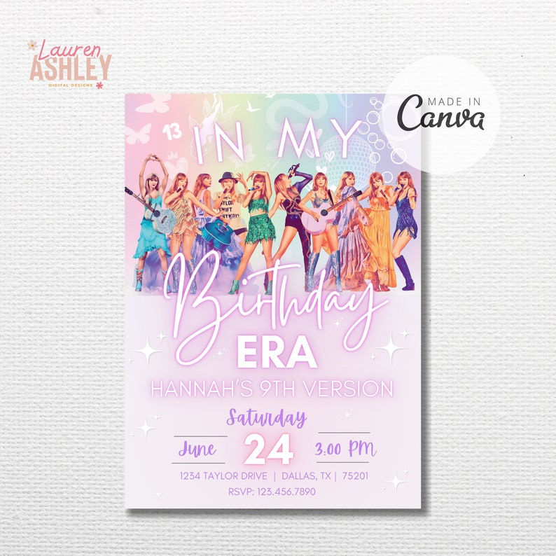 May include: A pink and purple birthday invitation with a rainbow background. The invitation features a photo of a group of people in colorful outfits. The text on the invitation reads "In My Birthday Era Hannah's 9th Version" and includes the date and time of the event.