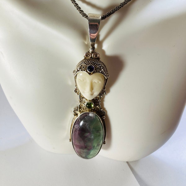 Vintage sajen priestess pendant. very large 4 inches long. amethyst and peridot highlights. large watermelon tourmaline stone.