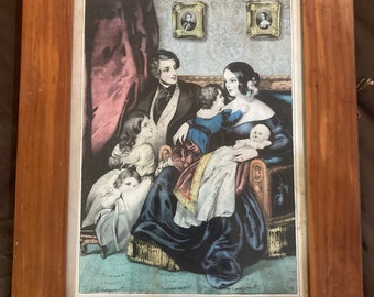N.Currier hand painted lithograph print entitled "The Happy Home" vibrant colors intact original frame! rare signed address 152 nassau st.