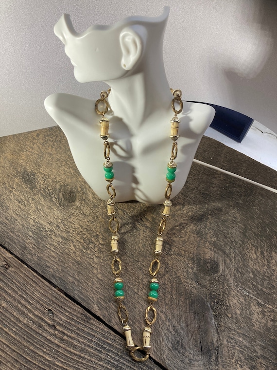 Jade brass bamboo necklace by miriam haskell circa