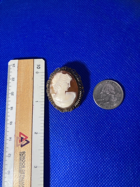 Antique shell & brass filigree cameo pin pendant … - image 3