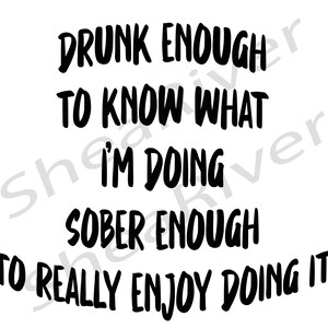 May include: Black and white text on a white background that reads "Drunk enough to know what I'm doing, sober enough to really enjoy doing it."
