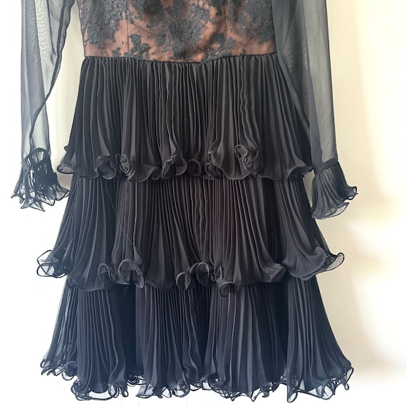 1970s Travilla Pleated Midi Dress, Black Lace, Hi… - image 4