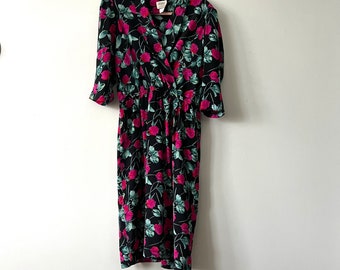 Vintage Floral Dress, 80s Flower Dress, Roses, Black and Pink and Red, Size LG