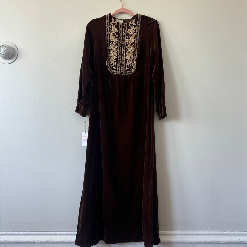 Velvet Maxi Dress with Gold Statement Buttons - Brown