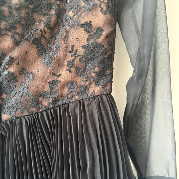 1970s Travilla Pleated Midi Dress, Black Lace, Hi… - image 6