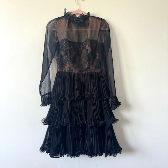 1970s Travilla Pleated Midi Dress, Black Lace, Hi… - image 1