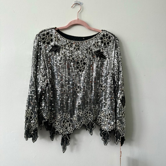 Vintage Party Top, Silk, Beads and Sequins, Silve… - image 1