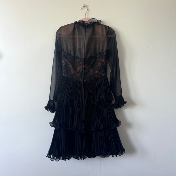 1970s Travilla Pleated Midi Dress, Black Lace, Hi… - image 8