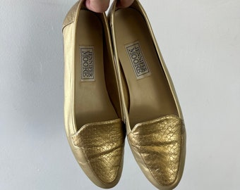 Vintage 80s/90s Gold Leather Loafers, Snake Skin Details, Leather Shoes