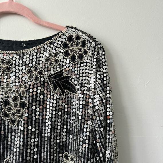 Vintage Party Top, Silk, Beads and Sequins, Silve… - image 2