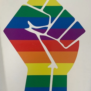 May include: A raised fist with the colors of the rainbow flag. The fist is a symbol of strength and solidarity.