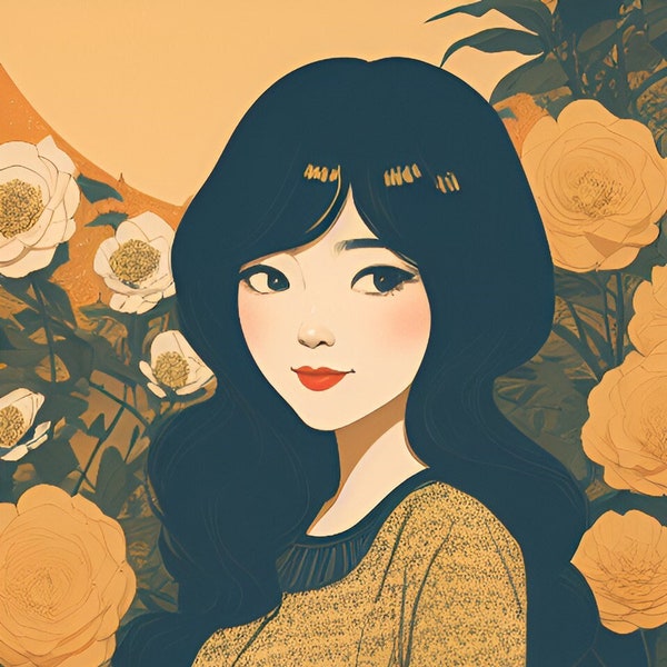 Vintage Girl Smiling Sunny Day Roses Flowers Yellow Dress Black Hair Red Lips AI Creation