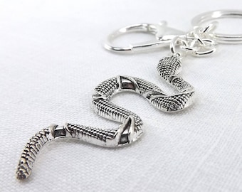 Large Silver snake clip on purse charm Silver snake pendant with clip and key ring