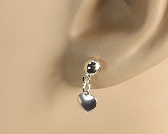 Silver Plated Ball Stud Earrings: Tiny Heart Dangle