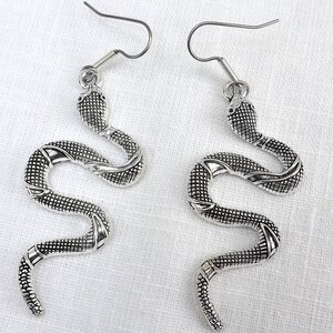 May include: A pair of silver snake earrings with a detailed design. The earrings have a hook closure.