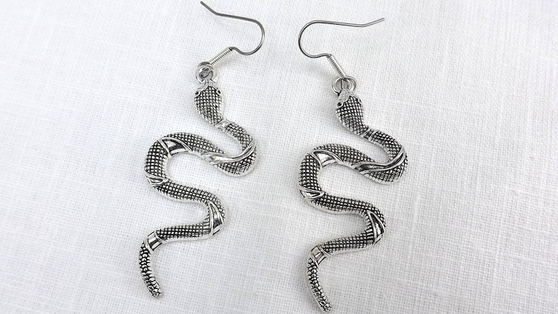 May include: A pair of silver snake earrings with a detailed design. The earrings have a hook closure.