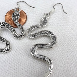 May include: A pair of silver snake earrings with a textured finish. The earrings are dangle style with a hook closure.