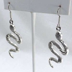 May include: Silver snake dangle earrings. The snake is coiled and has a textured surface.