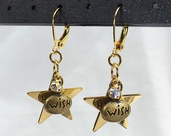 Wishing stars earrings, celestial jewelry, rhinestone earrings, Dangle gold star earrings, under 20 gift for her