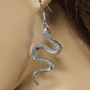 Long snake earrings, dangle earrings, serpent jewelry, silver reptile earrings