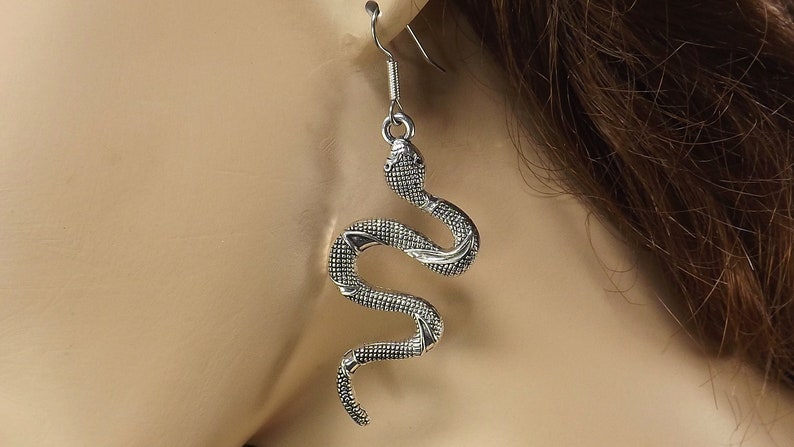 May include: Silver snake dangle earrings. The snake is coiled and has a textured surface.