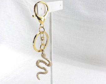 Large Gold snake clip on purse charm Gold snake pendant with clip and key ring