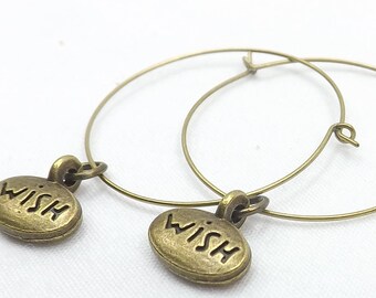 Hoop Earrings with wish charms bronze wire earrings wishing jewelry gift for her 1 inch hoops under 10 earrings