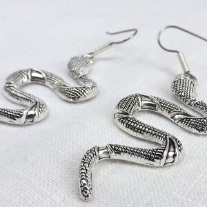 May include: A pair of silver snake earrings with detailed scales. The earrings are dangle style with a hook closure.