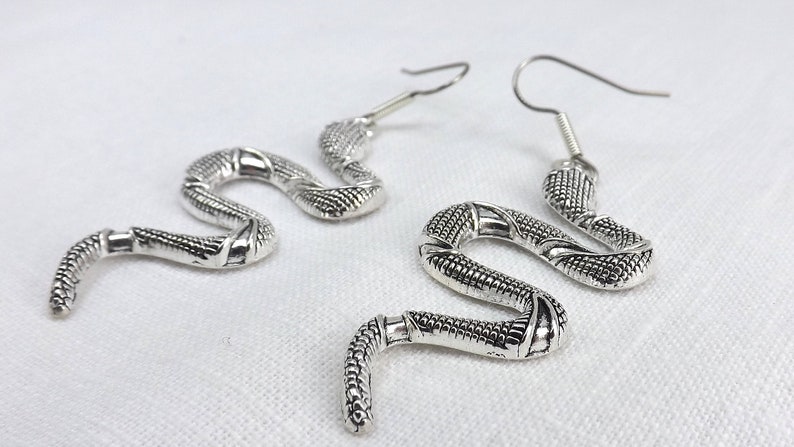 May include: A pair of silver snake earrings with detailed scales. The earrings are dangle style with a hook closure.