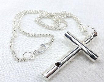 Silver Cross whistle on chain Religious pendant Whistle Cross