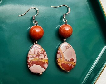 Red Jasper | Stone | Noreena Jasper | Earrings | Pink Stone | Teardrop | Copper