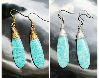 Wire Wrapped Briolette | Blue Amazonite | Stone | Natural Earrings