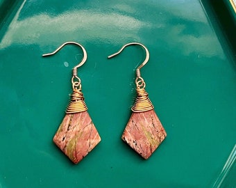 Wire Wrapped Briolette | Red Creek Jasper | Stone | Natural Earrings | Kite | Red | Orange | Holiday Gift