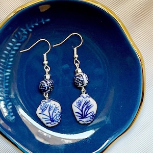 Blue & White China Pattern Ceramic Earrings | Delft Inspired Porcelain Jewelry | Vintage Style | Floral | Vase