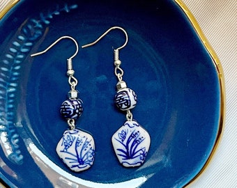 Blue & White China Pattern Ceramic Earrings | Delft Inspired Porcelain Jewelry | Vintage Style | Floral | Vase