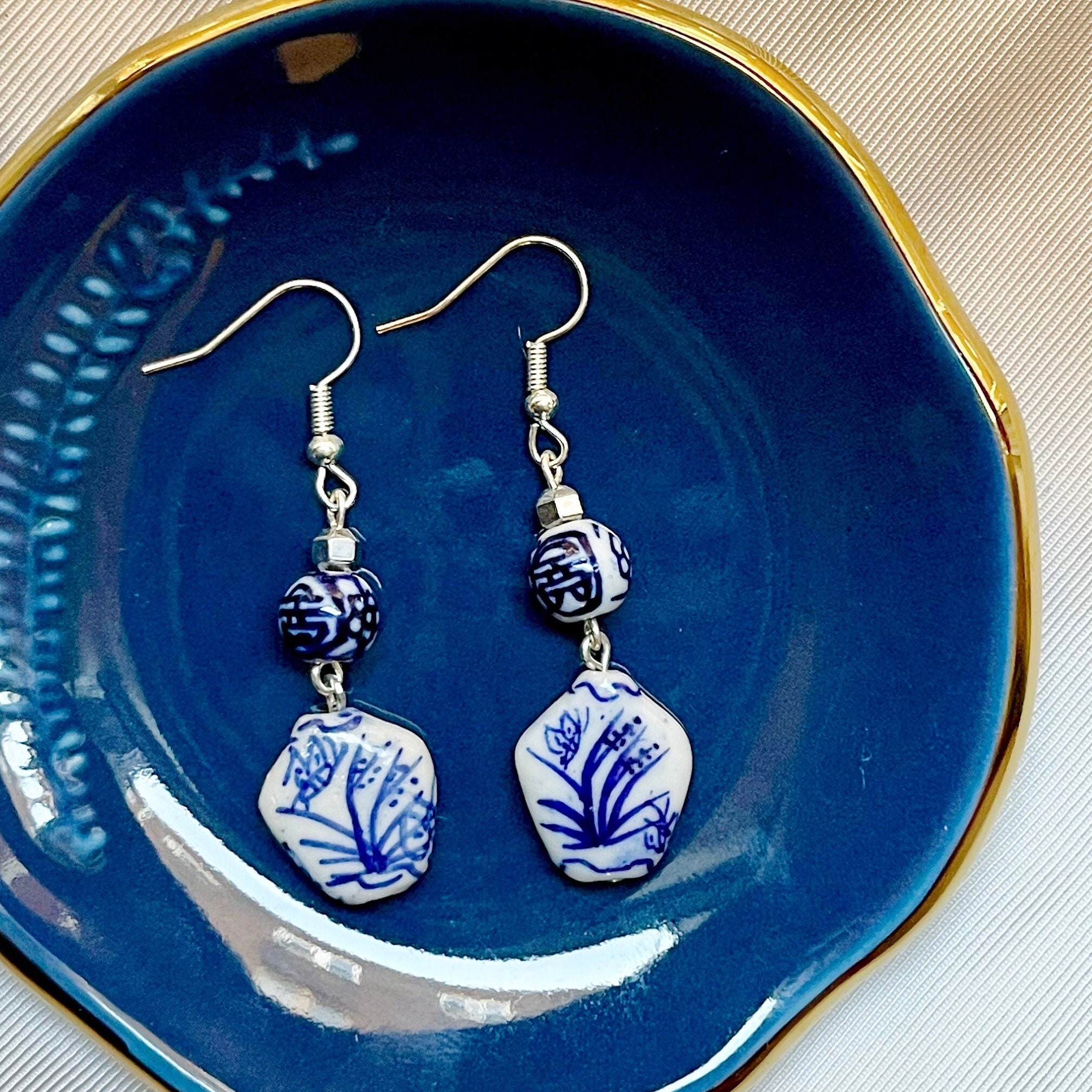 Blue And White Porcelain Earrings - Chinese Ceramic Vintage Jewelry For Women